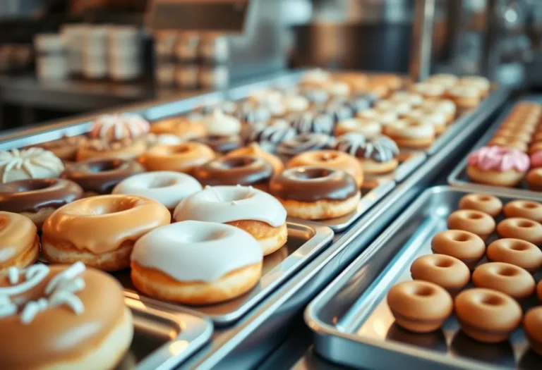 Βιτρίνα καφέ με ποικιλία donuts και mini donuts σε μεταλλικούς δίσκους