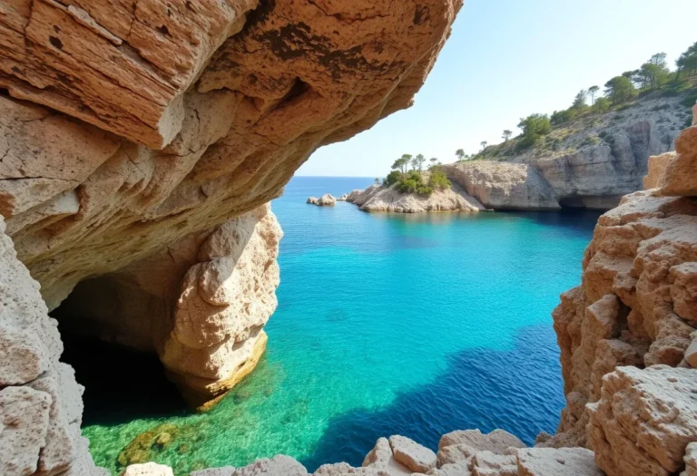Βραχώδης ακτή με θαλάσσια σπηλιά και καταγάλανα νερά στις Βόρειες Σποράδες