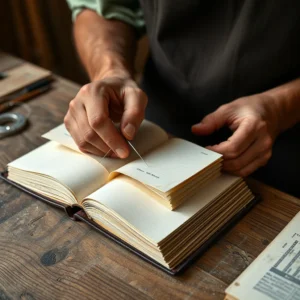 Bookbinder sewing book signatures by hand