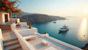 Whitewashed villa terrace above a turquoise Aegean bay with a motor yacht at anchor at sunset